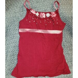 Justice Girls Red Embellished Tank Top Y2K  Size 6‎ 7 Flowers Rhinestones bling!